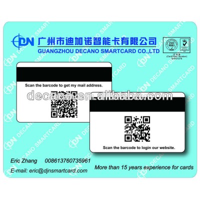 Plastic magnetic stripe card with QR code